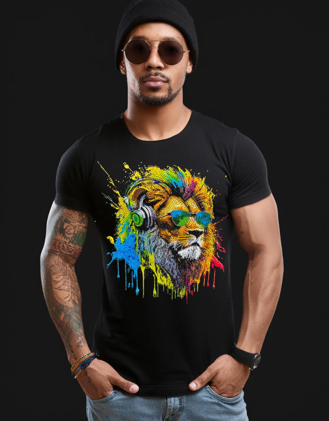 Rhinestones T Shirt Lion Jamaican Exclusive | Grooveman Music TM