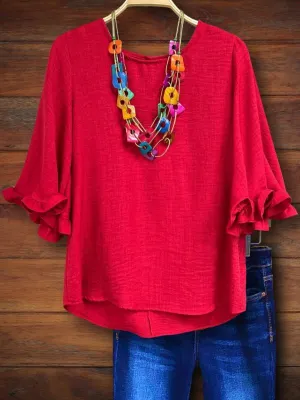 Round Neck Ruffle Sleeve Blouse