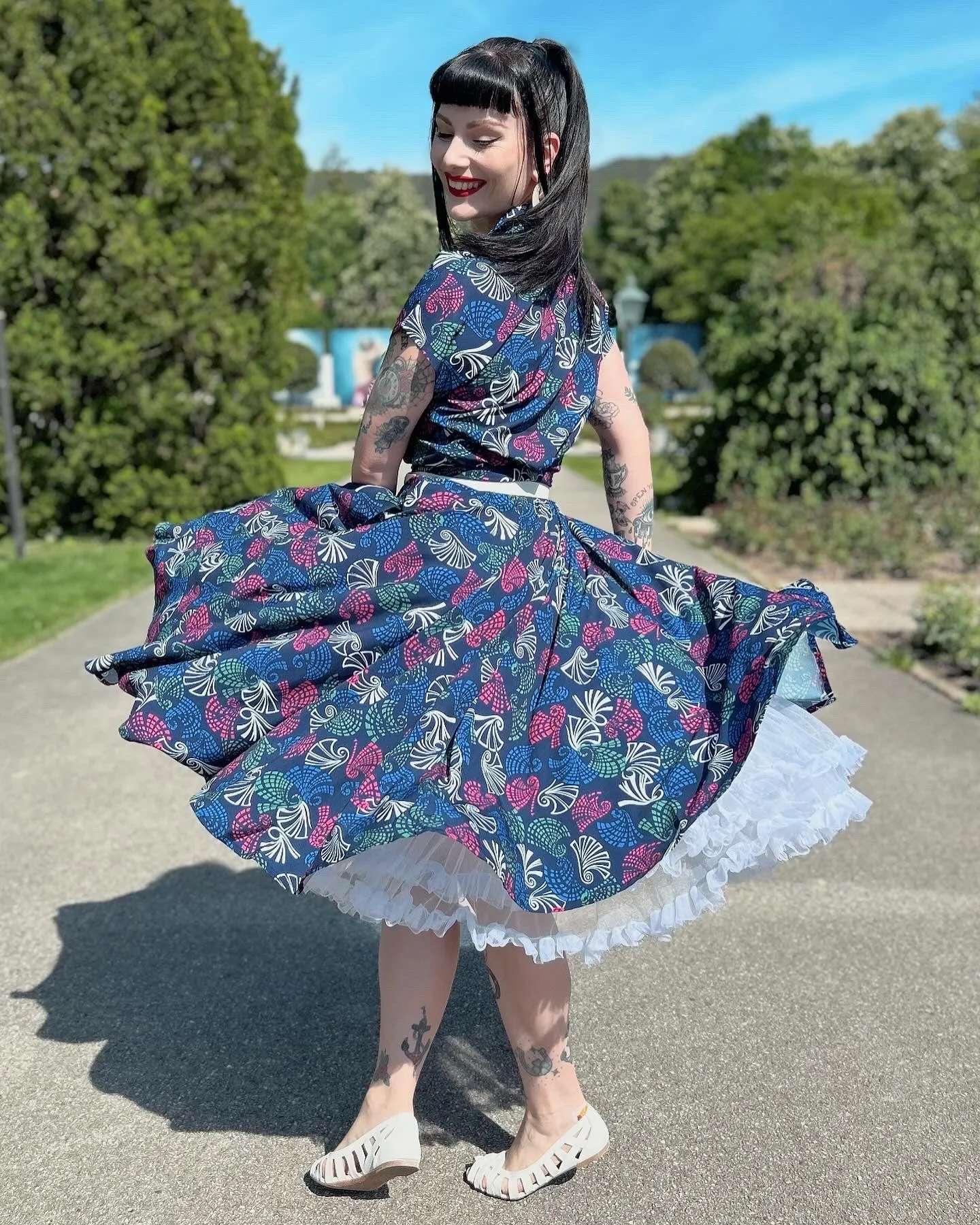 **Sample Sale** The "Beverly" Button Front Full Circle Skirt with Pockets in Jamboree Print, True 1950s Vintage Style