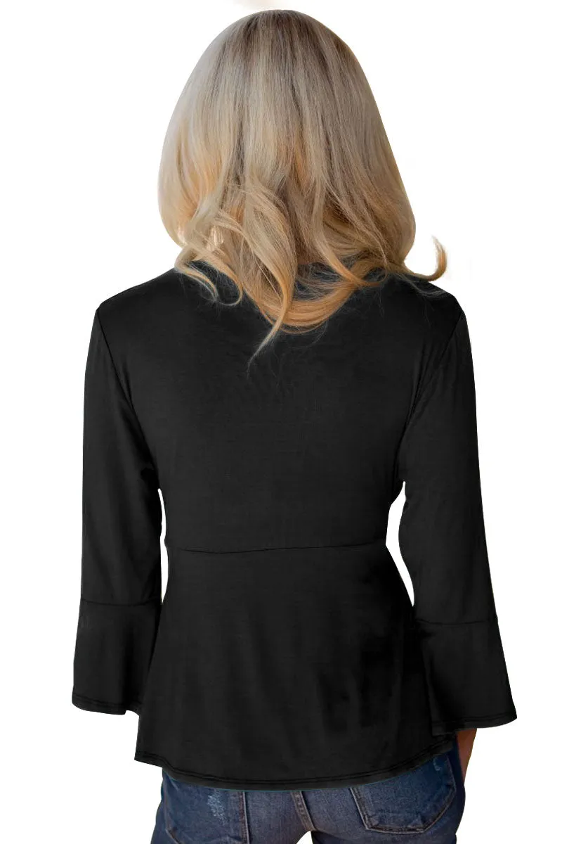 Sexy Black Bell Sleeve Wrap Front Tunic