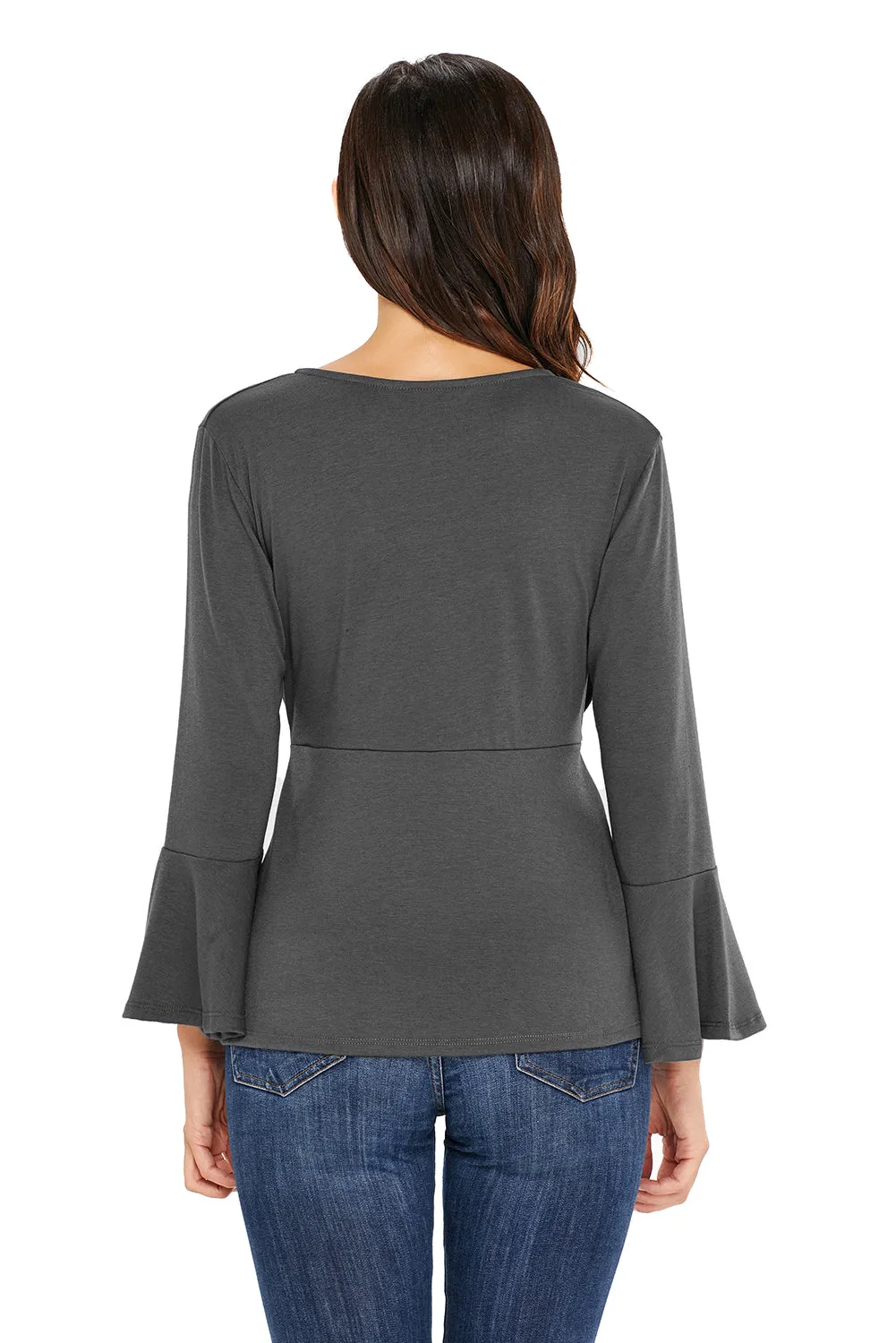 Sexy Gray Bell Sleeve Wrap Front Tunic