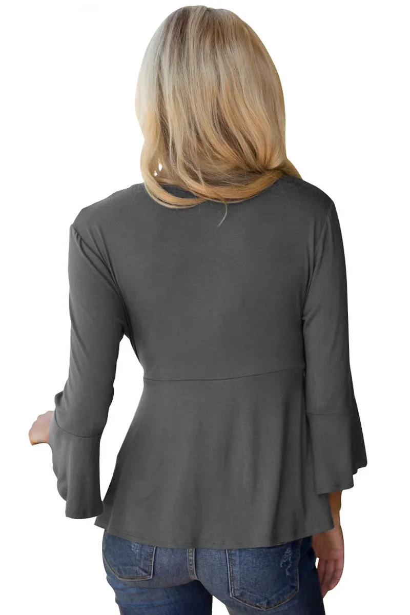 Sexy Gray Bell Sleeve Wrap Front Tunic