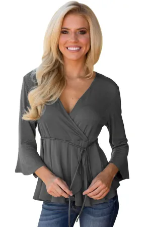 Sexy Gray Bell Sleeve Wrap Front Tunic