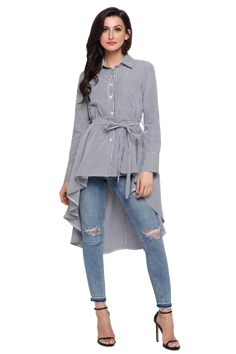 Sexy Gray Striped Lapel Shirt High Low Belted Blouse Top