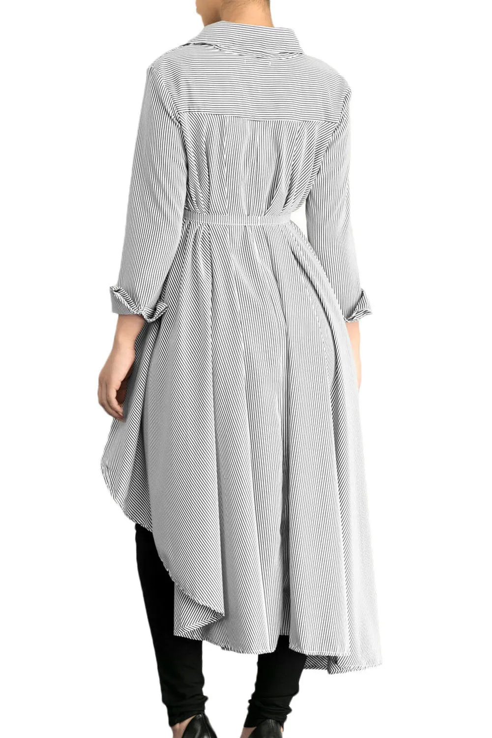 Sexy Gray Striped Lapel Shirt High Low Belted Blouse Top