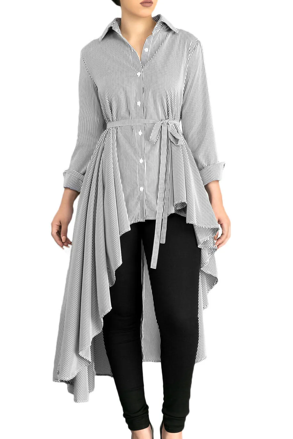 Sexy Gray Striped Lapel Shirt High Low Belted Blouse Top