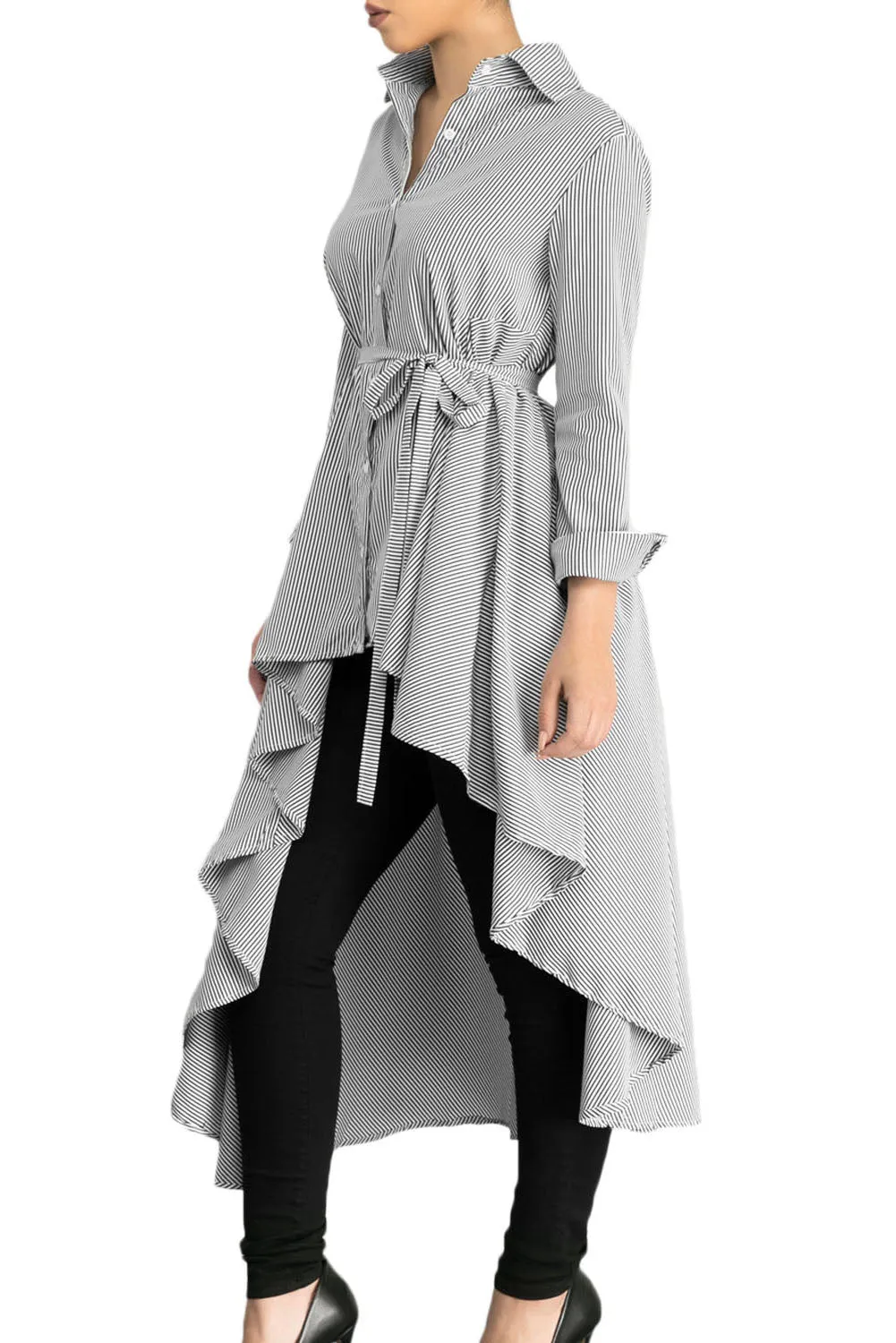 Sexy Gray Striped Lapel Shirt High Low Belted Blouse Top
