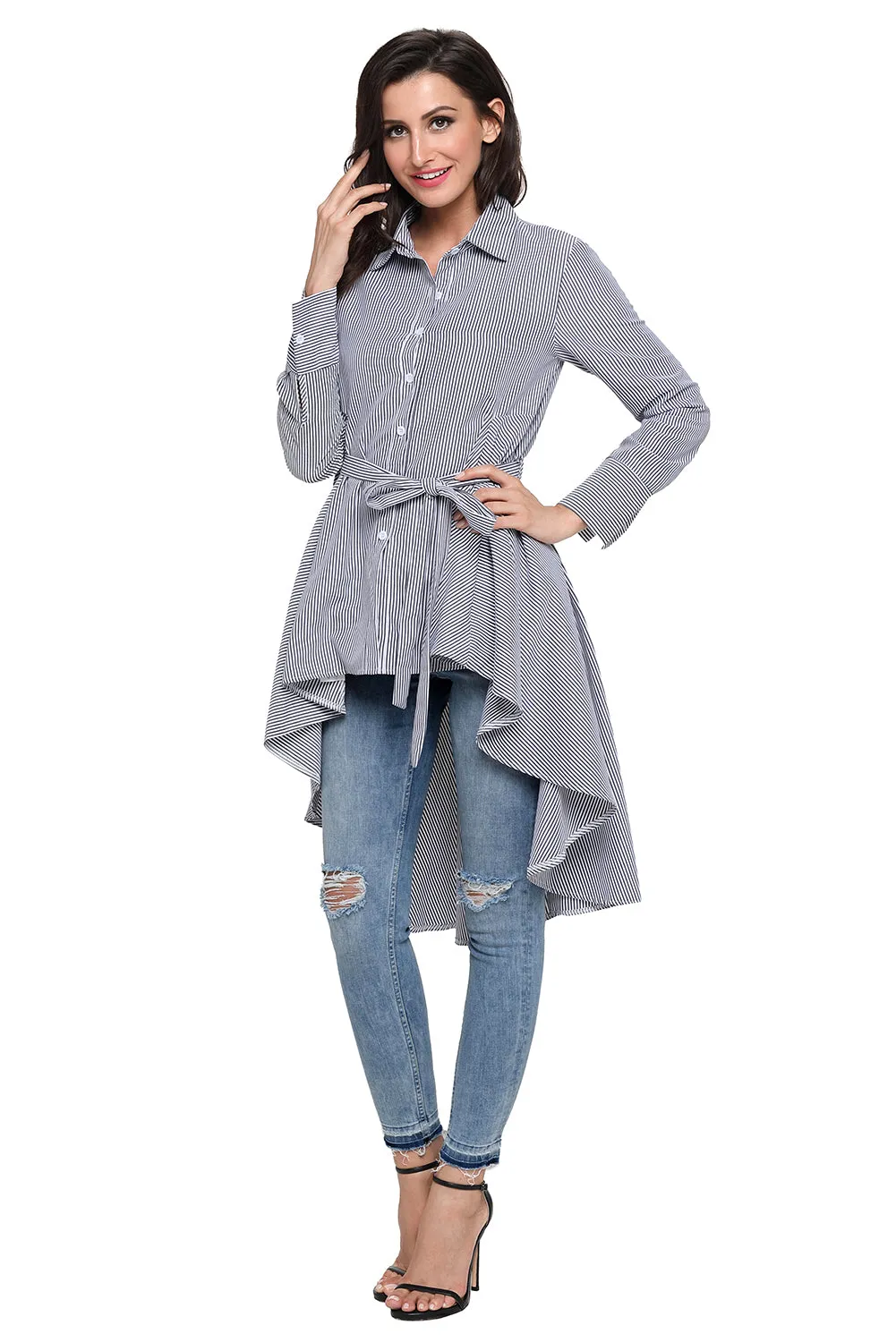 Sexy Gray Striped Lapel Shirt High Low Belted Blouse Top