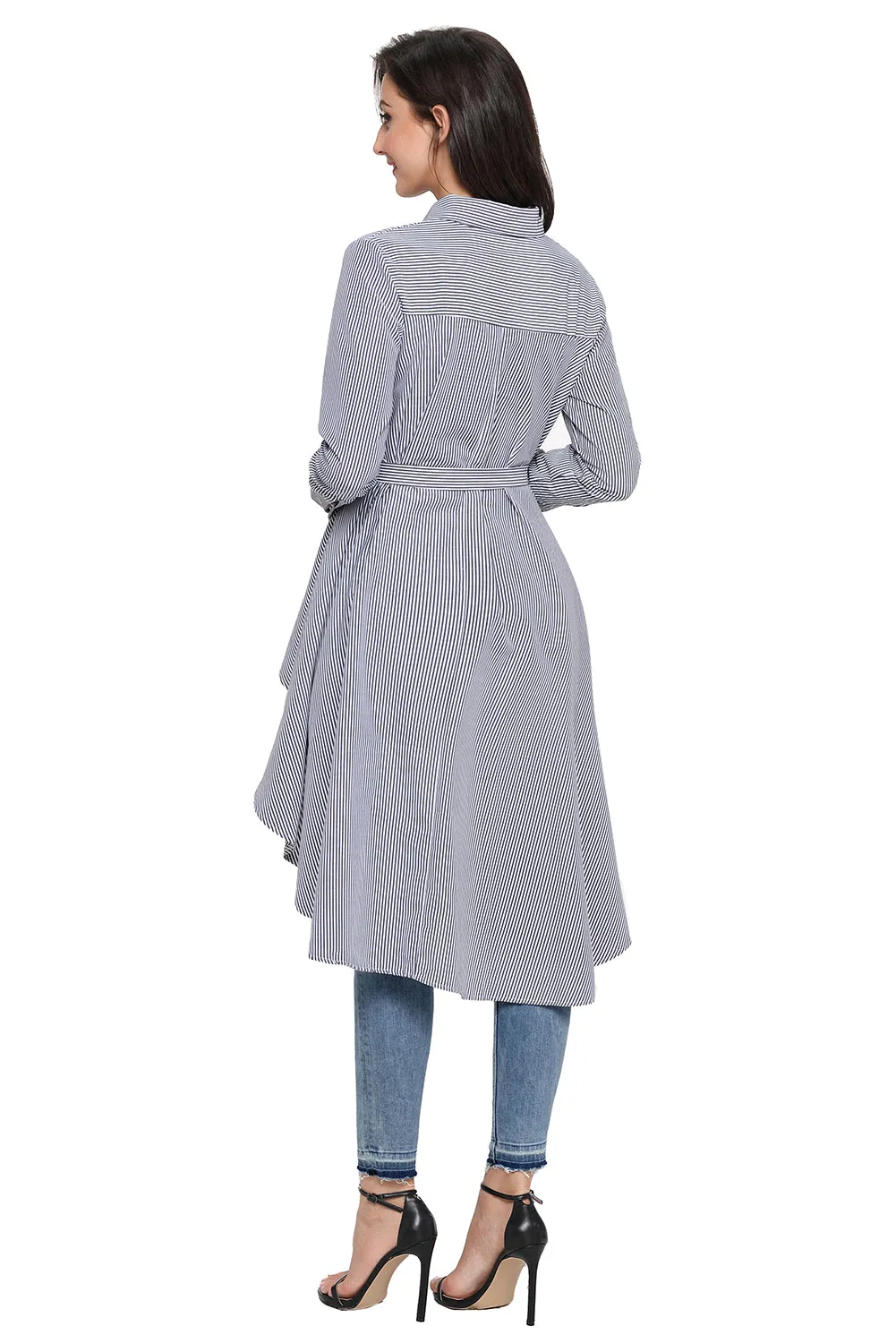Sexy Gray Striped Lapel Shirt High Low Belted Blouse Top