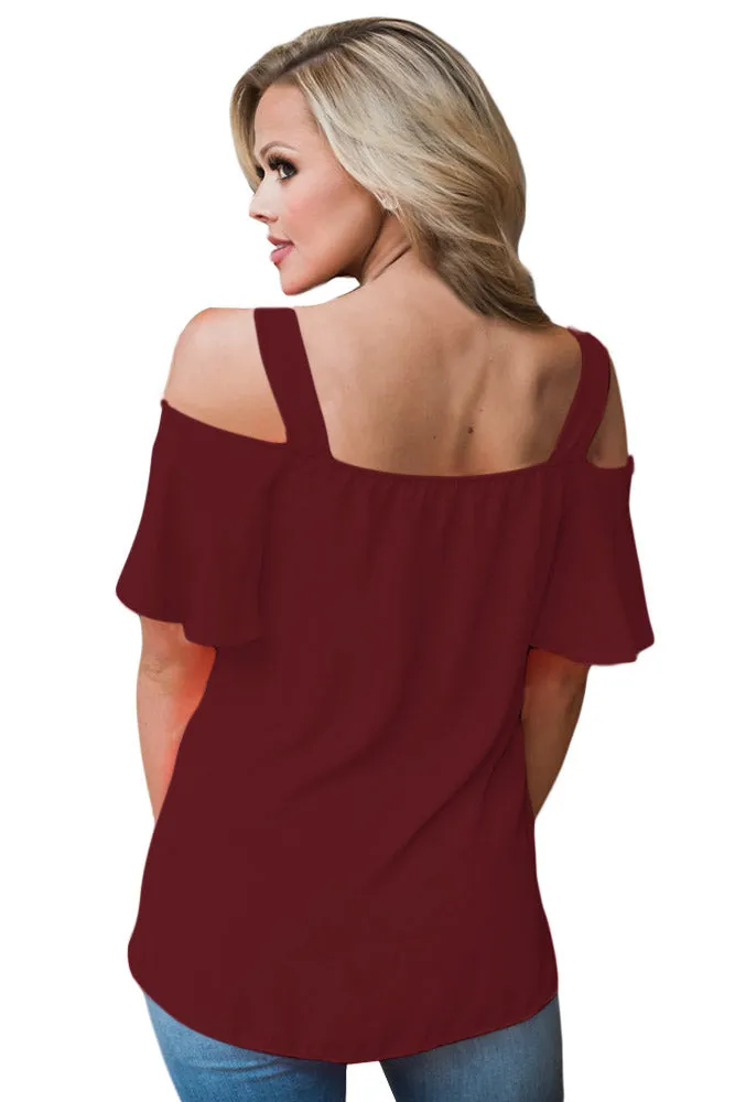 Sexy Wine Open Shoulder Ruffle Sleeve Asymmetric Hem Top