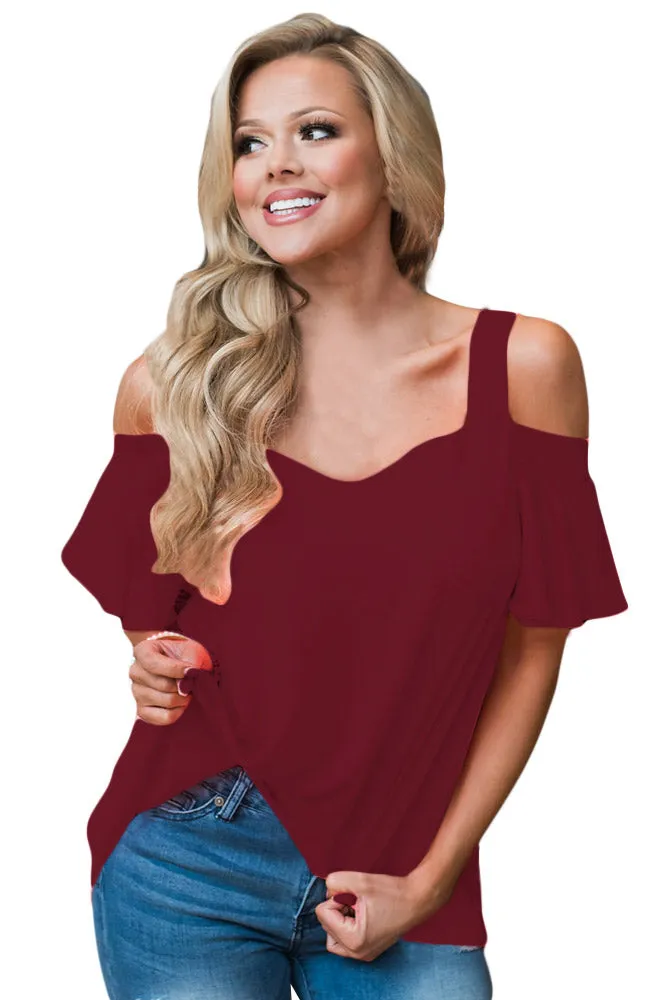 Sexy Wine Open Shoulder Ruffle Sleeve Asymmetric Hem Top