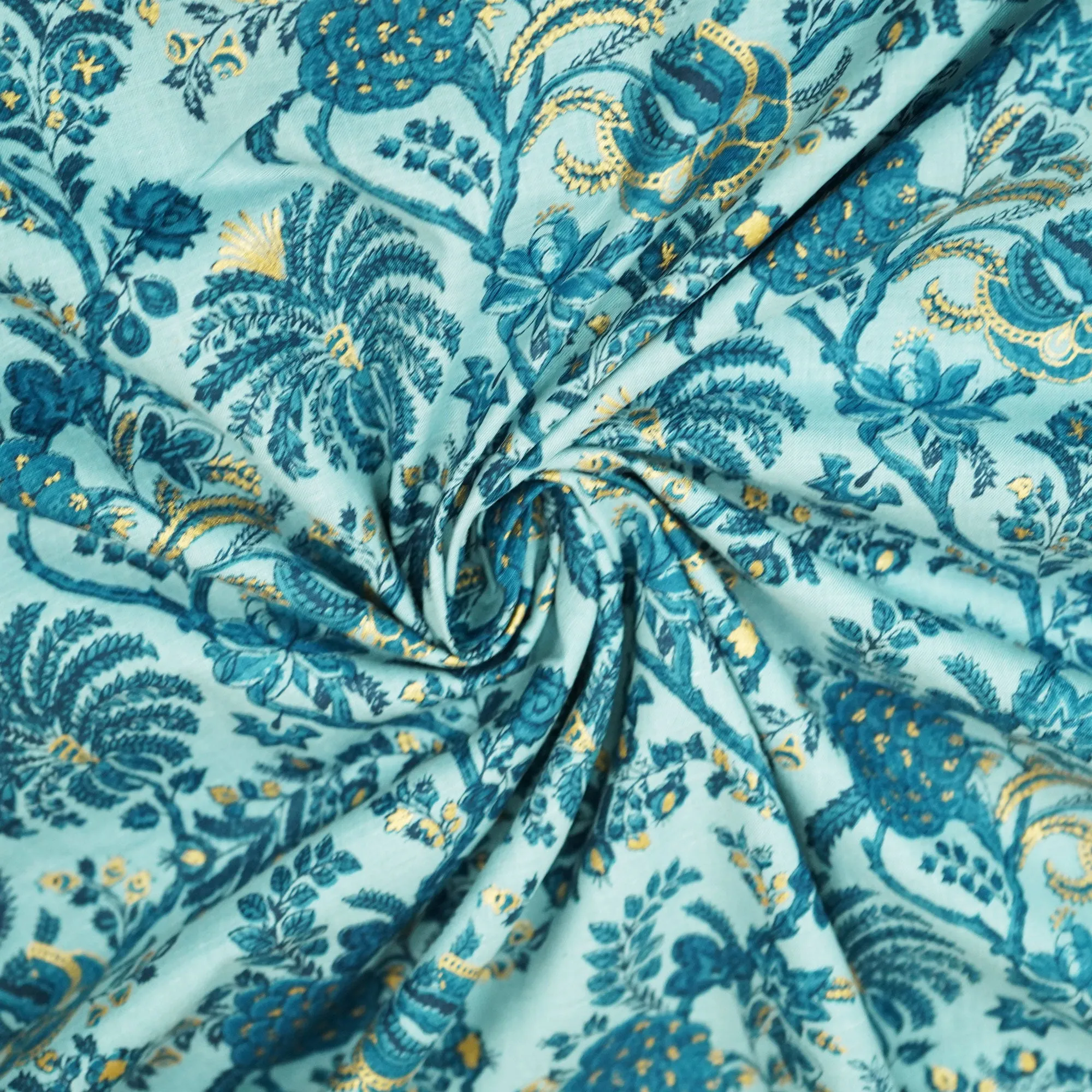 Sky Blue Floral Foil Print Cotton Fabric SCF-23859