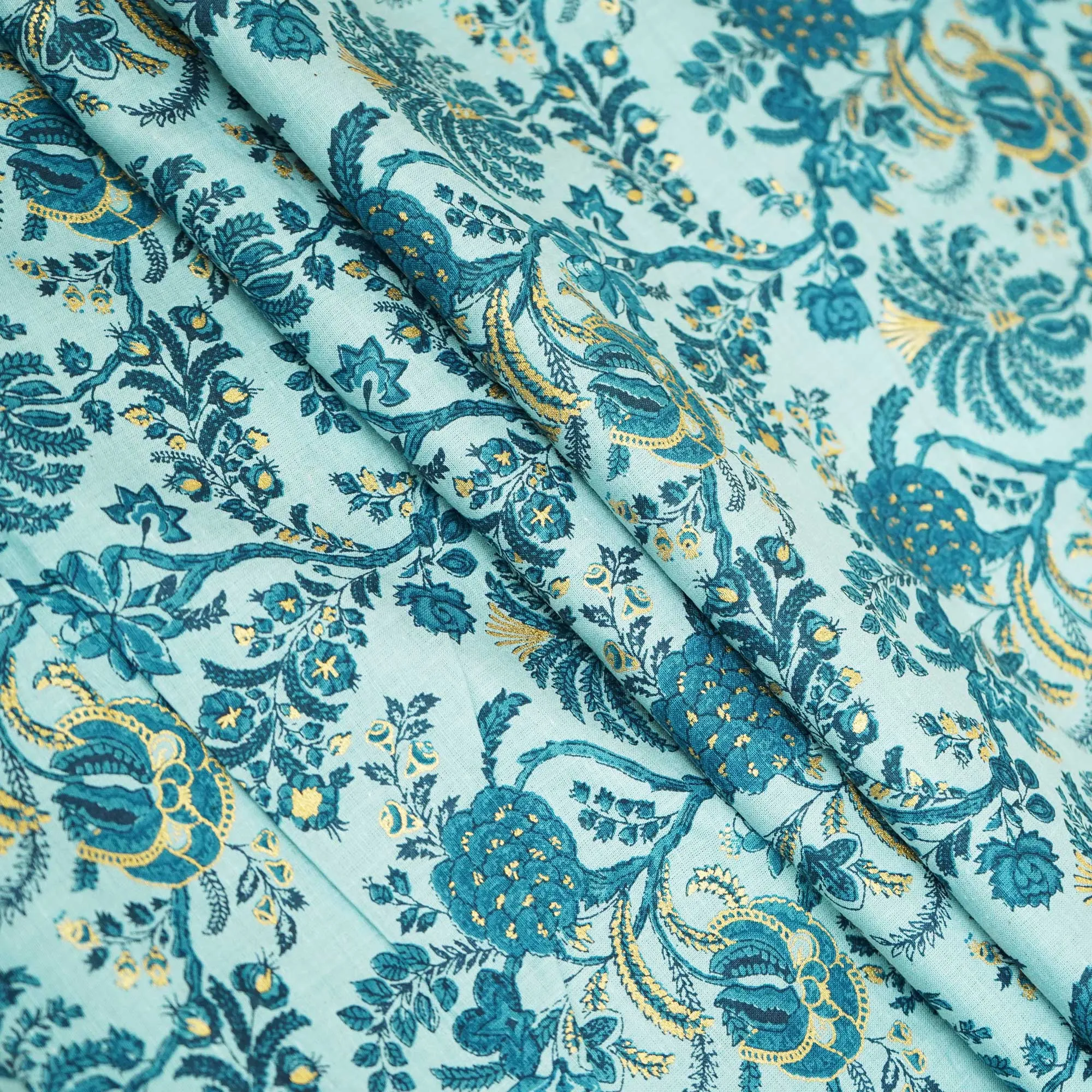 Sky Blue Floral Foil Print Cotton Fabric SCF-23859