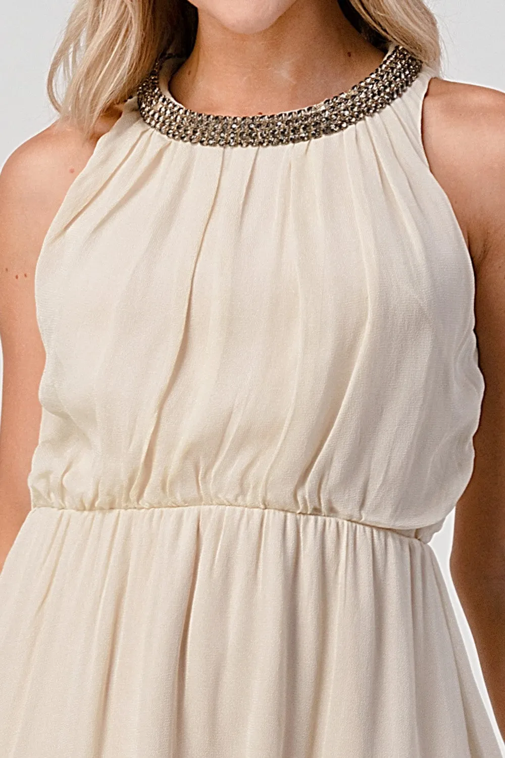Sleeveless High-Low Beaded Neckline Dress