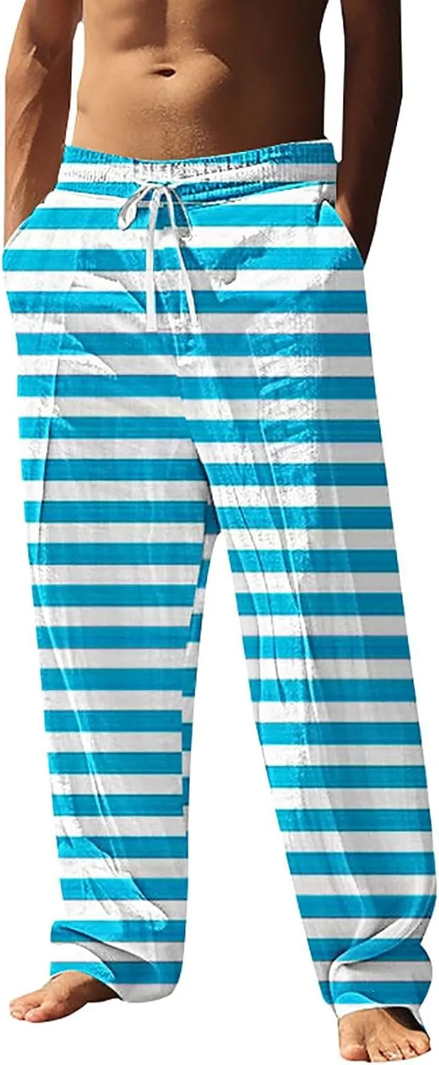 Striped Pants Men Vacation Beach Casual Pant Lightweight Straight Leg Slacks Summer Outdoor Drawstring Waist Trousers