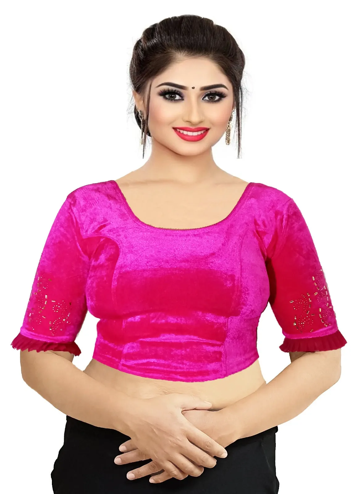StylesIndia Women's Velvet Designer Blouse with Golden Stone Work | Deep U-Back Party Wear Blouse | Festive & Bridal Saree Blouse DNO:551