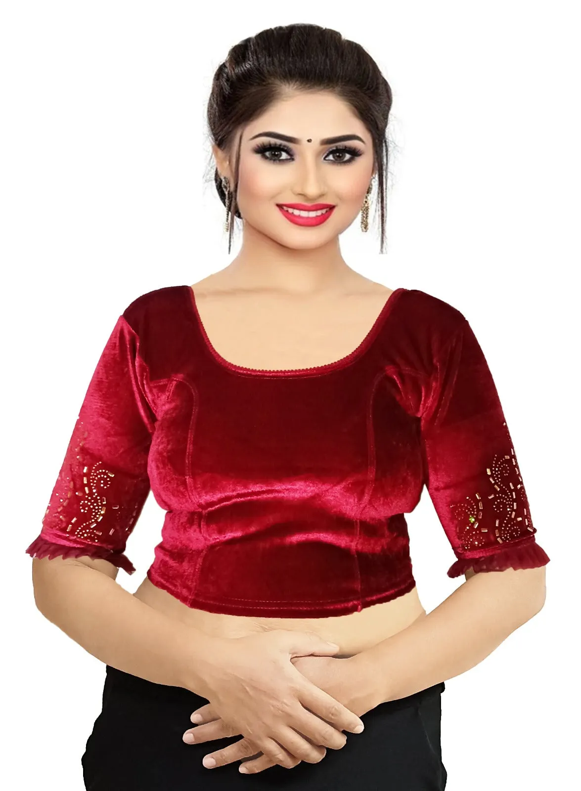 StylesIndia Women's Velvet Designer Blouse with Golden Stone Work | Deep U-Back Party Wear Blouse | Festive & Bridal Saree Blouse DNO:551