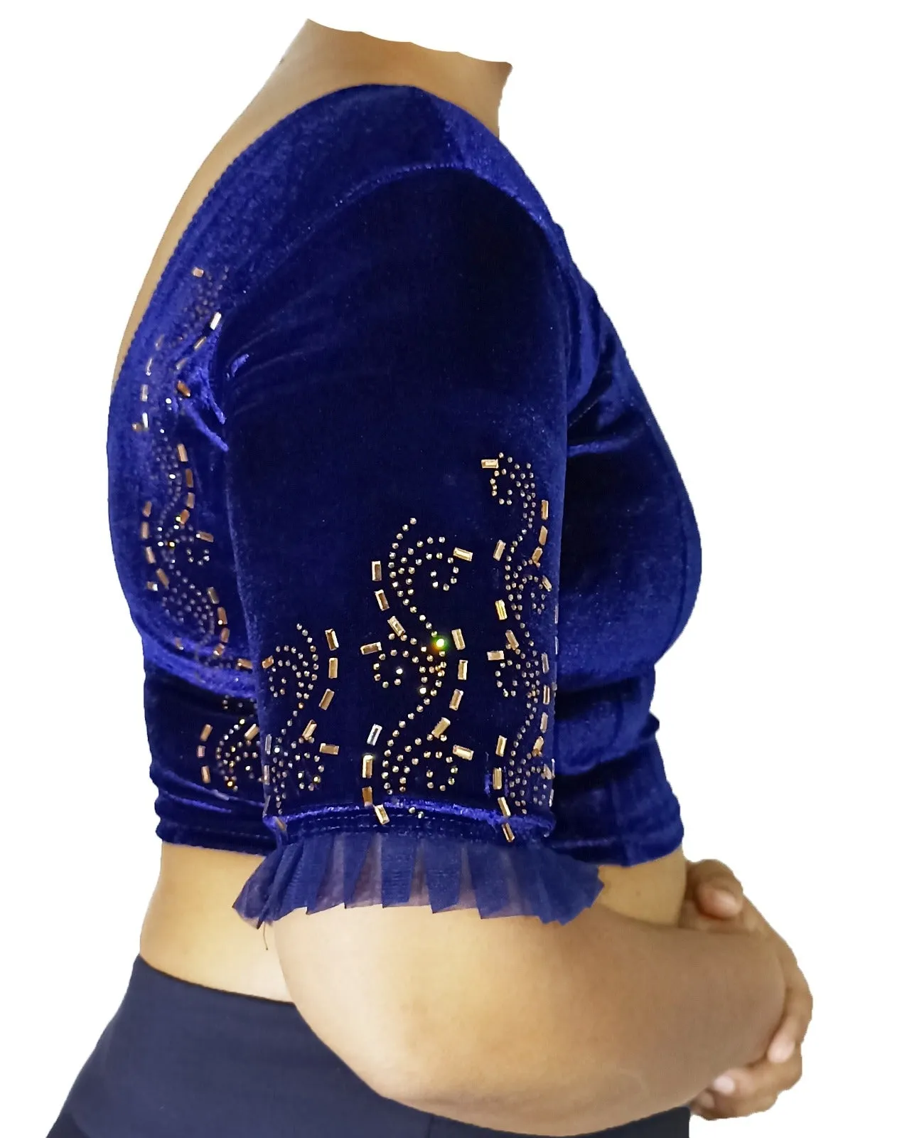 StylesIndia Women's Velvet Designer Blouse with Golden Stone Work | Deep U-Back Party Wear Blouse | Festive & Bridal Saree Blouse DNO:551
