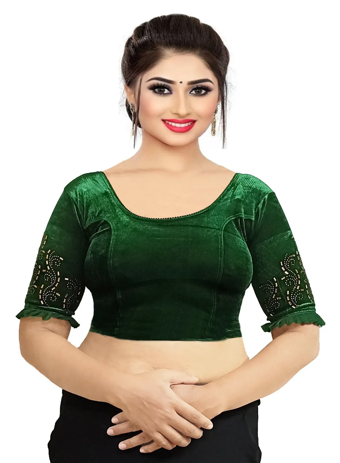 StylesIndia Women's Velvet Designer Blouse with Golden Stone Work | Deep U-Back Party Wear Blouse | Festive & Bridal Saree Blouse DNO:551