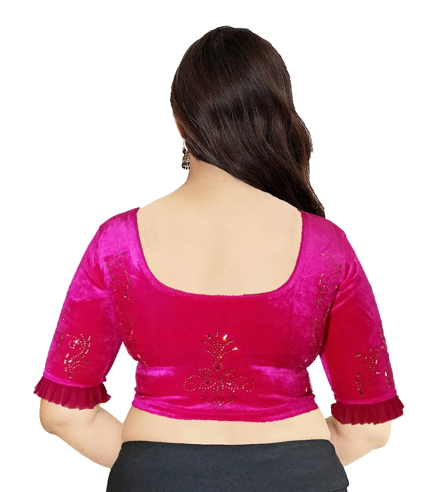 StylesIndia Women's Velvet Designer Blouse with Golden Stone Work | Deep U-Back Party Wear Blouse | Festive & Bridal Saree Blouse DNO:551