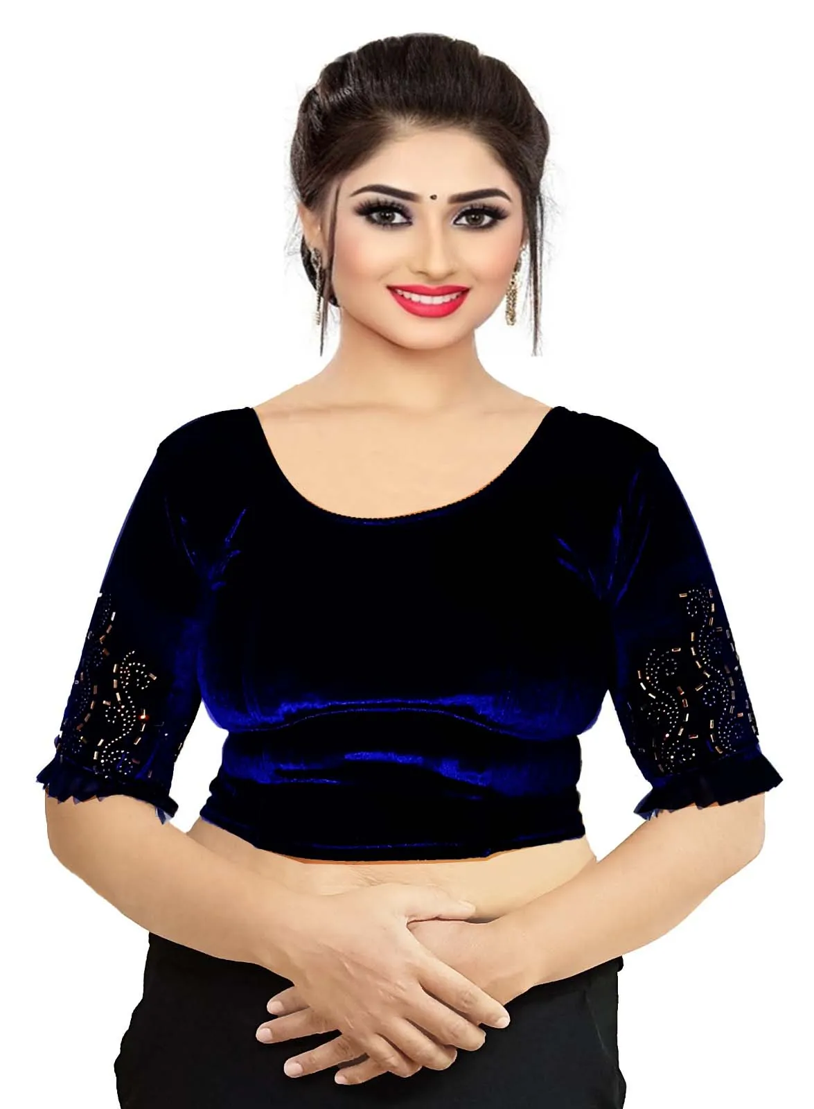 StylesIndia Women's Velvet Designer Blouse with Golden Stone Work | Deep U-Back Party Wear Blouse | Festive & Bridal Saree Blouse DNO:551