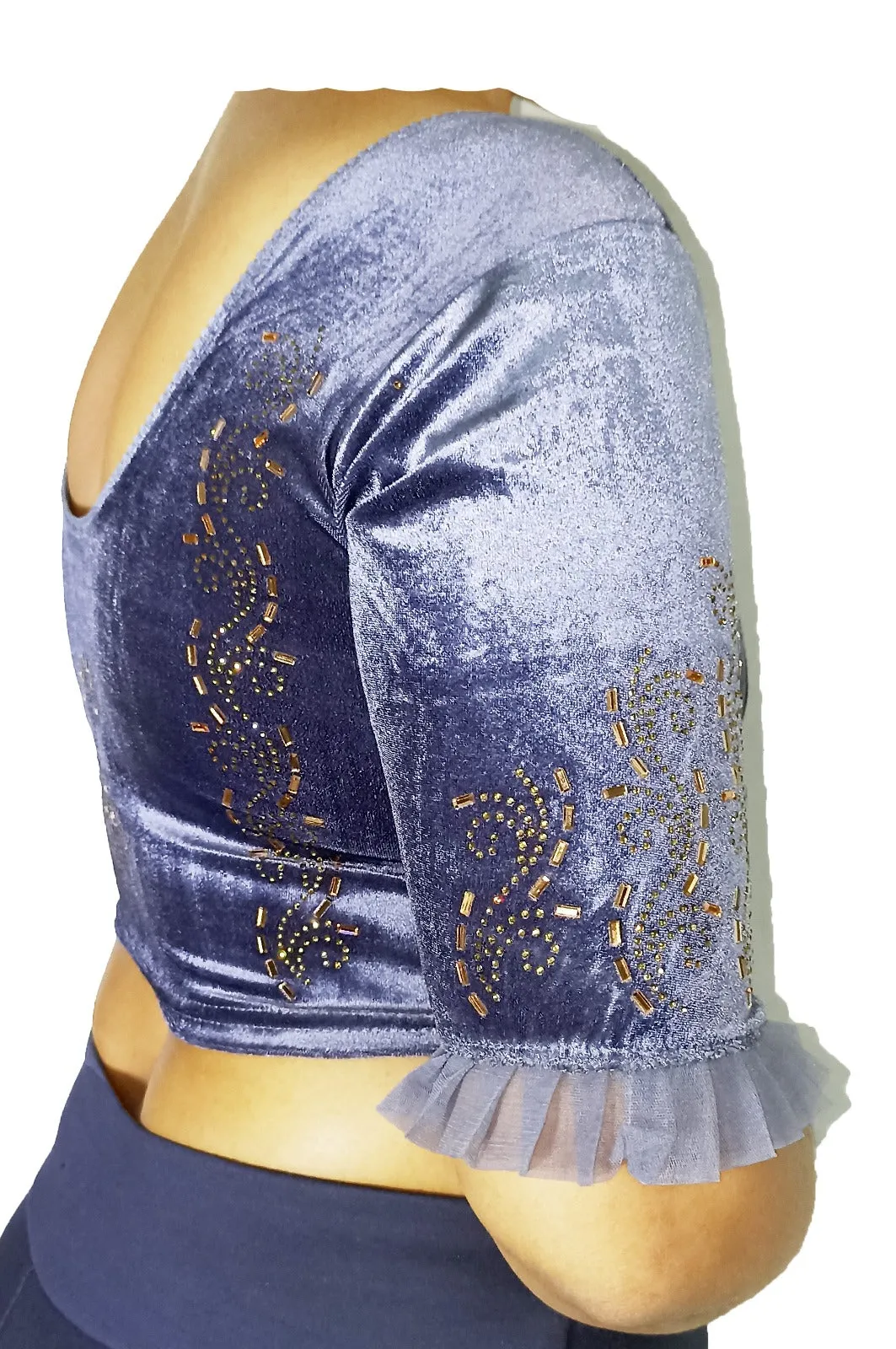 StylesIndia Women's Velvet Designer Blouse with Golden Stone Work | Deep U-Back Party Wear Blouse | Festive & Bridal Saree Blouse DNO:551