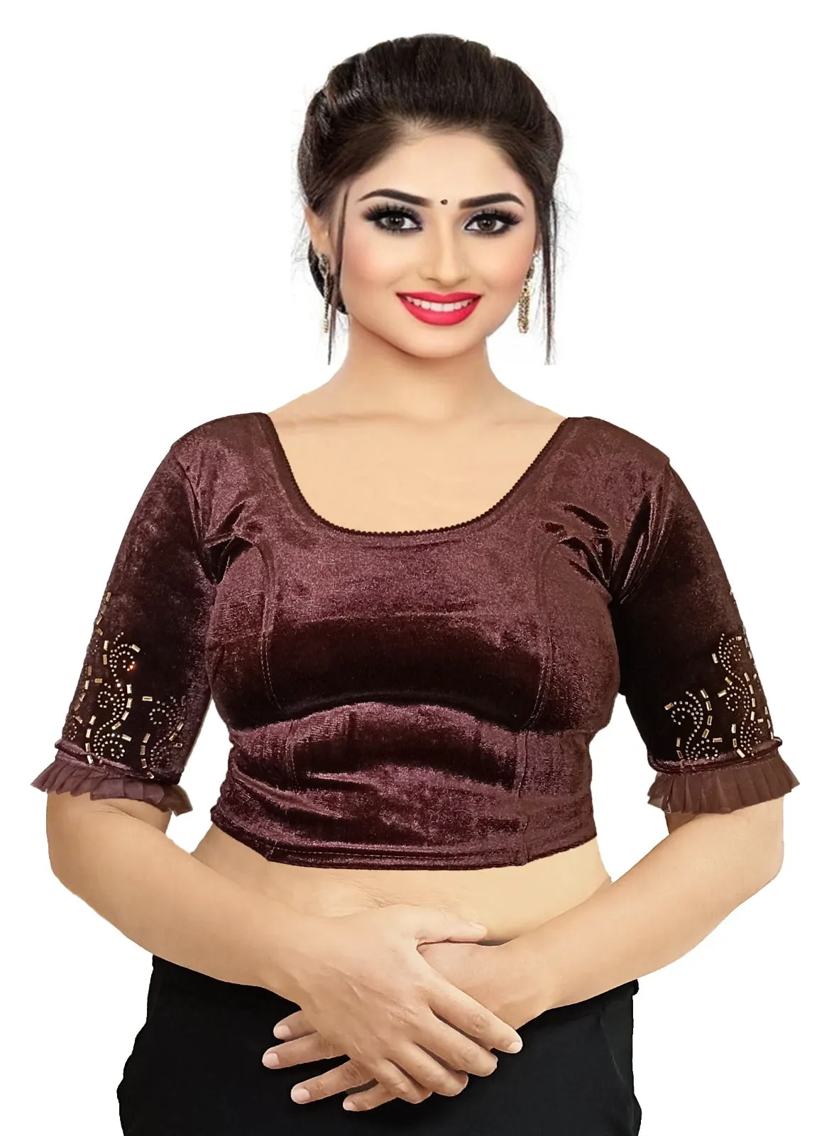StylesIndia Women's Velvet Designer Blouse with Golden Stone Work | Deep U-Back Party Wear Blouse | Festive & Bridal Saree Blouse DNO:551