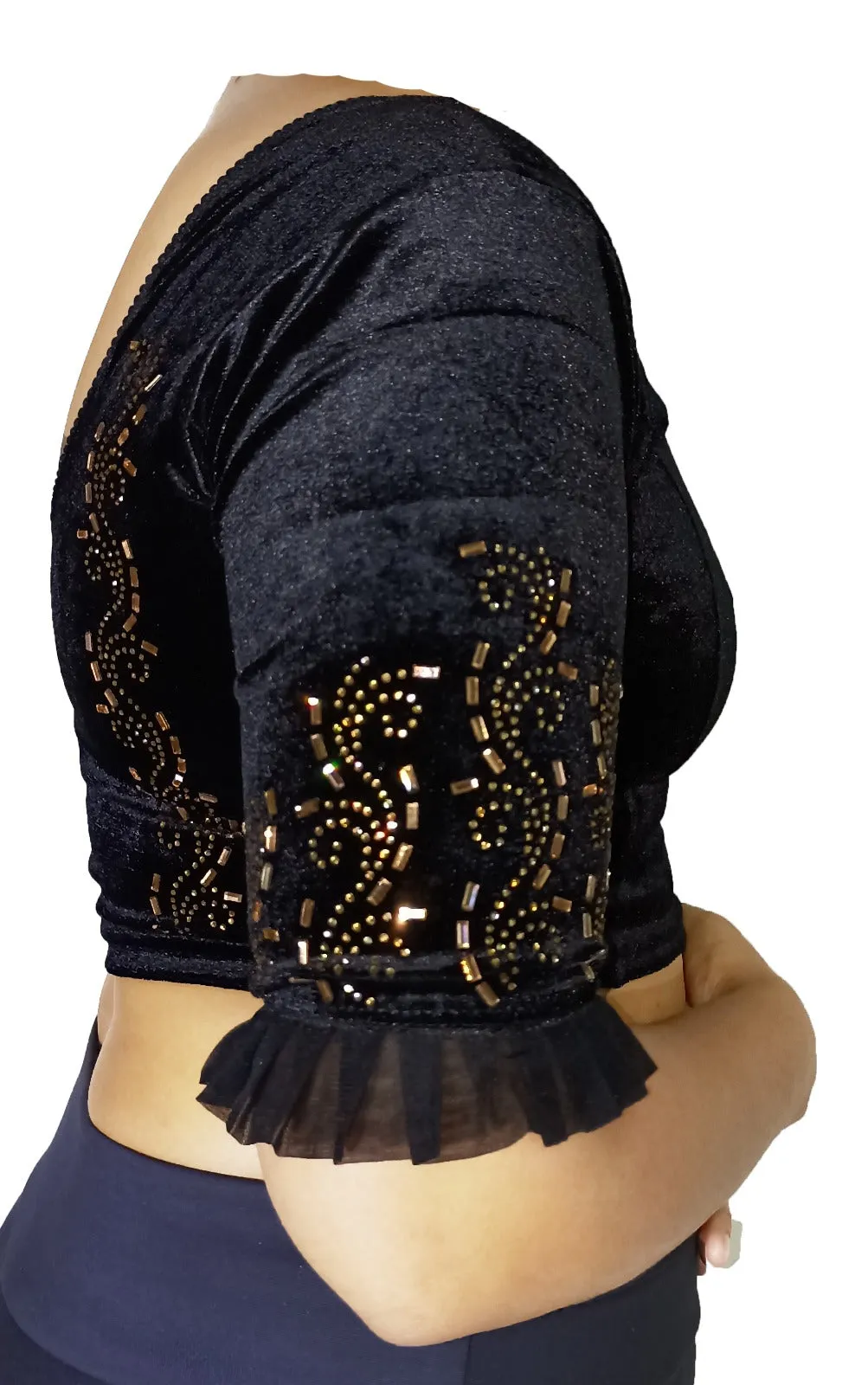 StylesIndia Women's Velvet Designer Blouse with Golden Stone Work | Deep U-Back Party Wear Blouse | Festive & Bridal Saree Blouse DNO:551