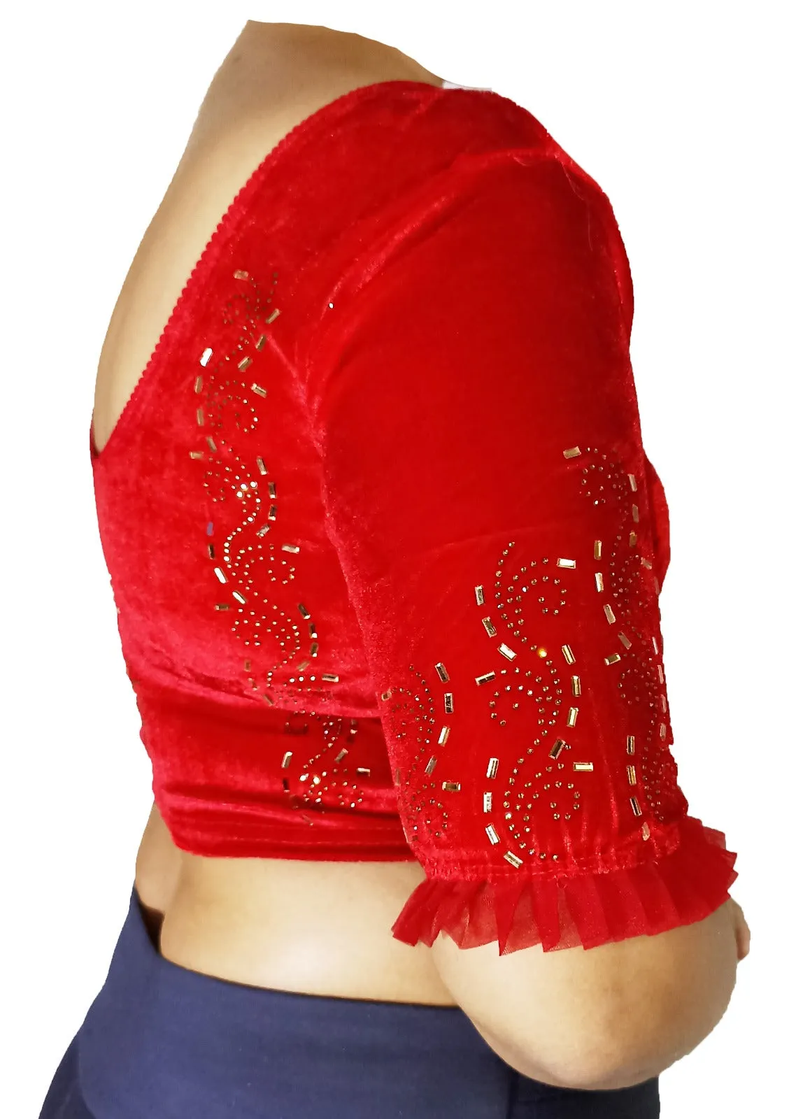 StylesIndia Women's Velvet Designer Blouse with Golden Stone Work | Deep U-Back Party Wear Blouse | Festive & Bridal Saree Blouse DNO:551