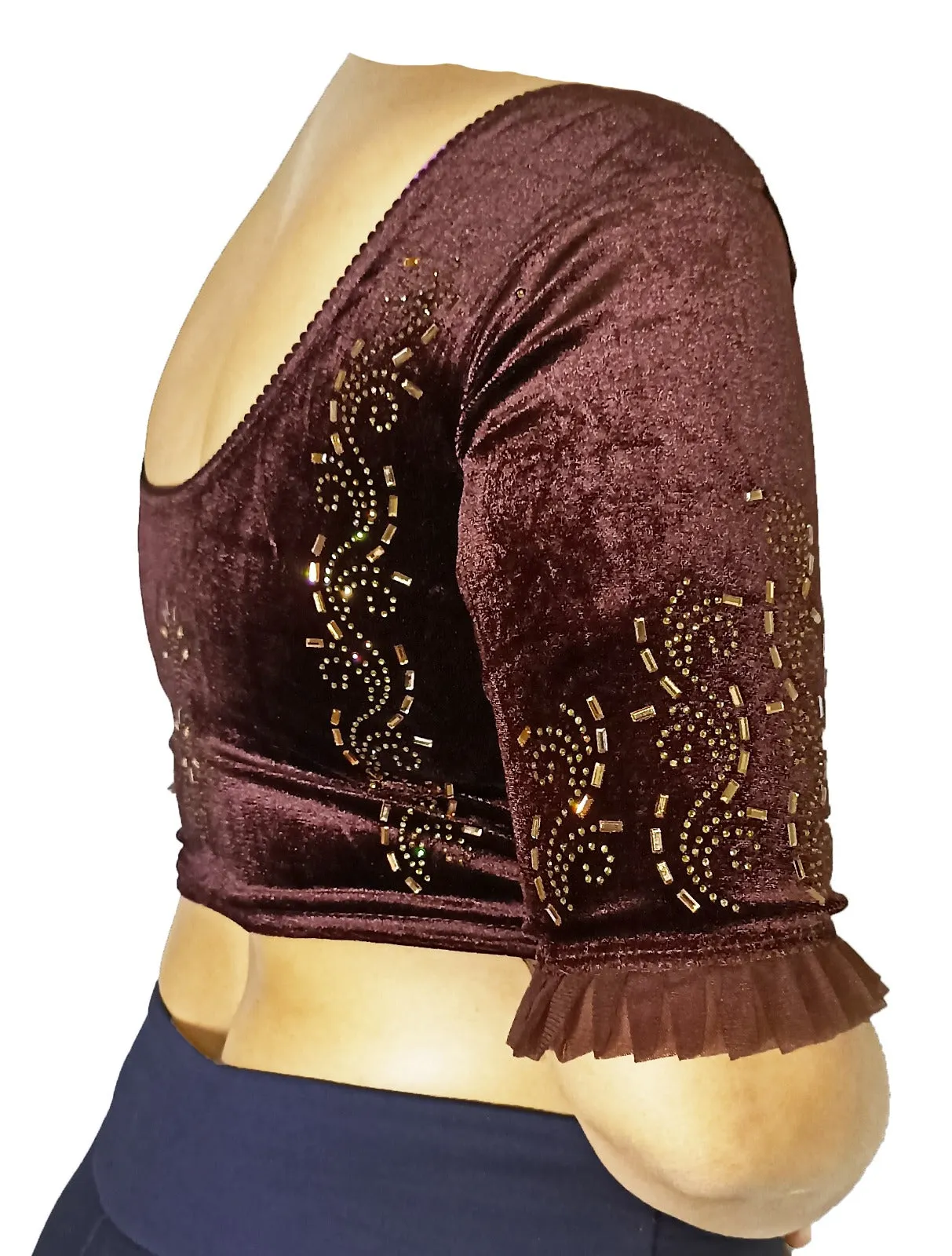 StylesIndia Women's Velvet Designer Blouse with Golden Stone Work | Deep U-Back Party Wear Blouse | Festive & Bridal Saree Blouse DNO:551