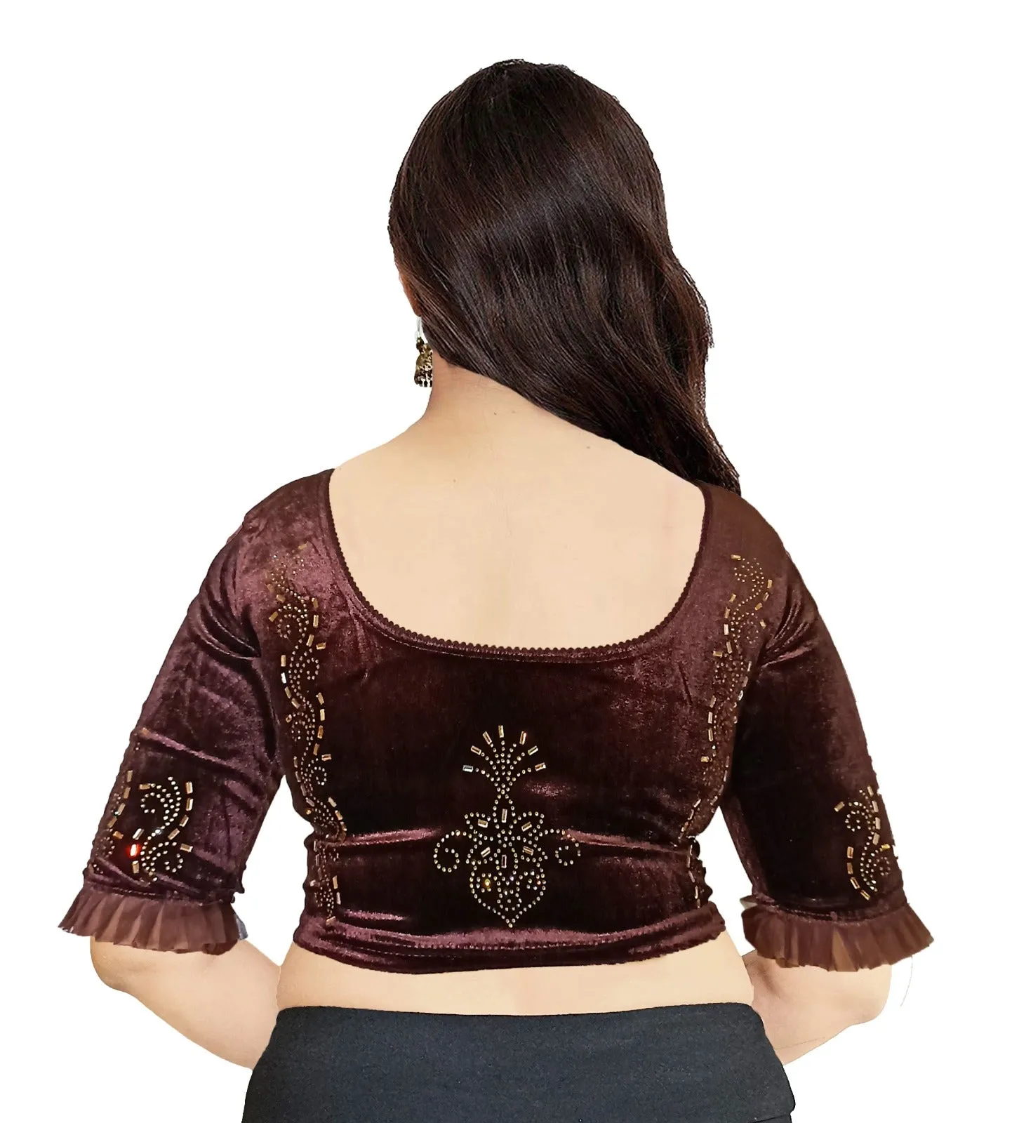 StylesIndia Women's Velvet Designer Blouse with Golden Stone Work | Deep U-Back Party Wear Blouse | Festive & Bridal Saree Blouse DNO:551