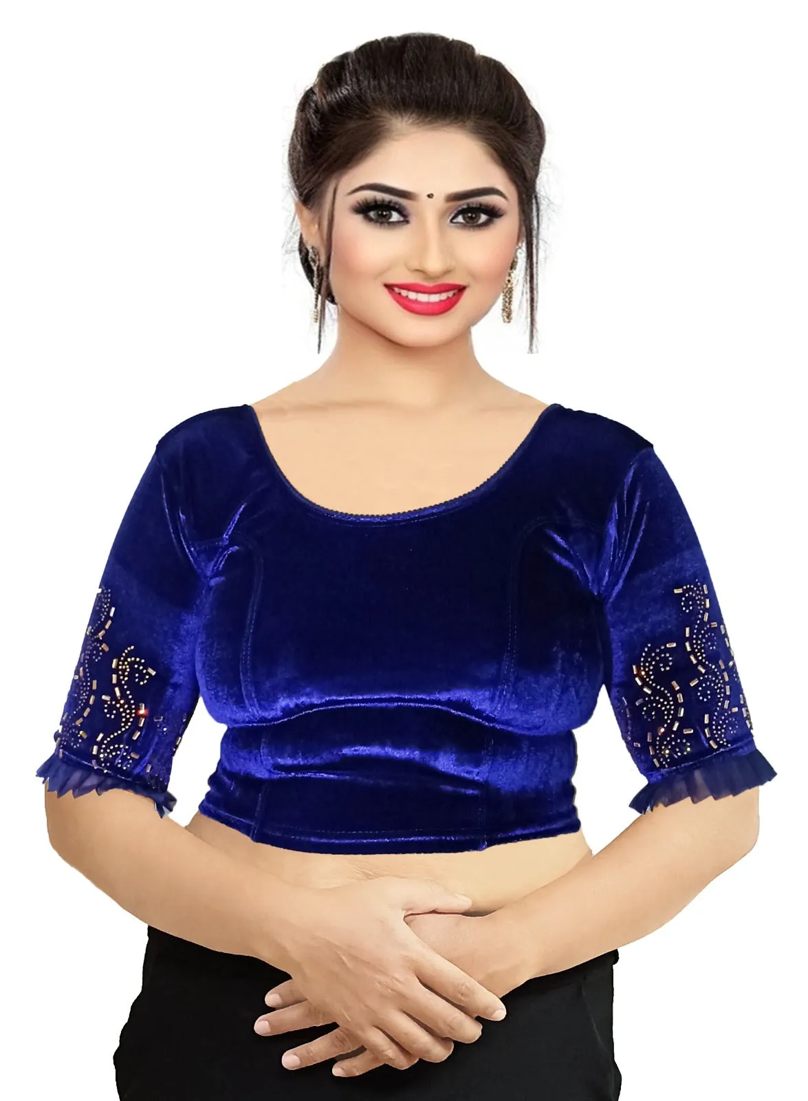 StylesIndia Women's Velvet Designer Blouse with Golden Stone Work | Deep U-Back Party Wear Blouse | Festive & Bridal Saree Blouse DNO:551