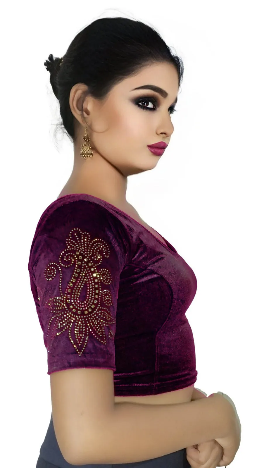 StylesIndia Women's Velvet Designer Blouse with Golden Stone Work | Deep U-Back Party Wear Blouse | Festive & Bridal Saree Blouse DNO:551