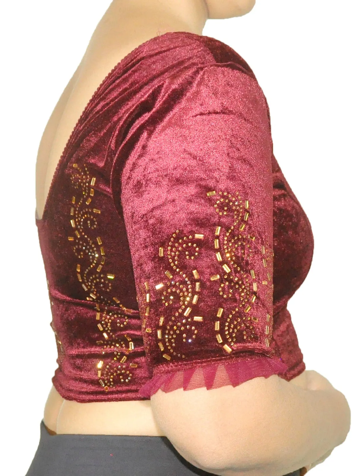 StylesIndia Women's Velvet Designer Blouse with Golden Stone Work | Deep U-Back Party Wear Blouse | Festive & Bridal Saree Blouse DNO:551