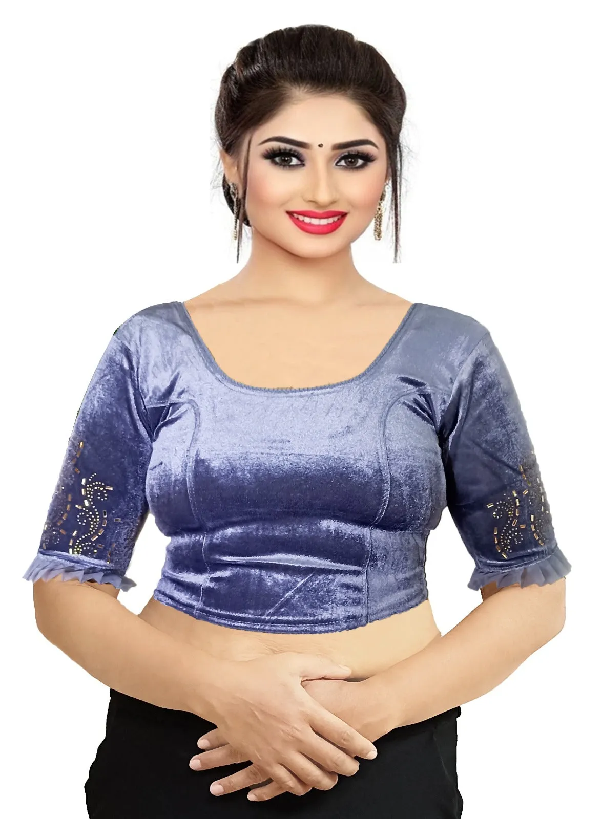 StylesIndia Women's Velvet Designer Blouse with Golden Stone Work | Deep U-Back Party Wear Blouse | Festive & Bridal Saree Blouse DNO:551