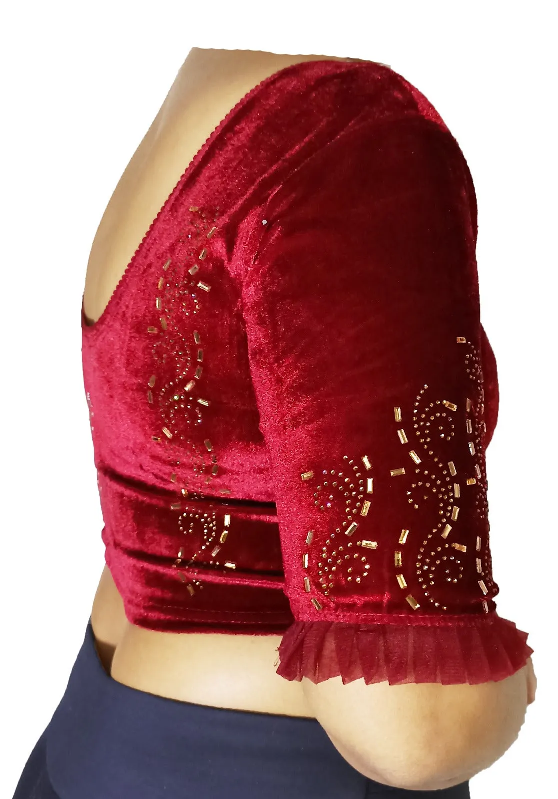 StylesIndia Women's Velvet Designer Blouse with Golden Stone Work | Deep U-Back Party Wear Blouse | Festive & Bridal Saree Blouse DNO:551