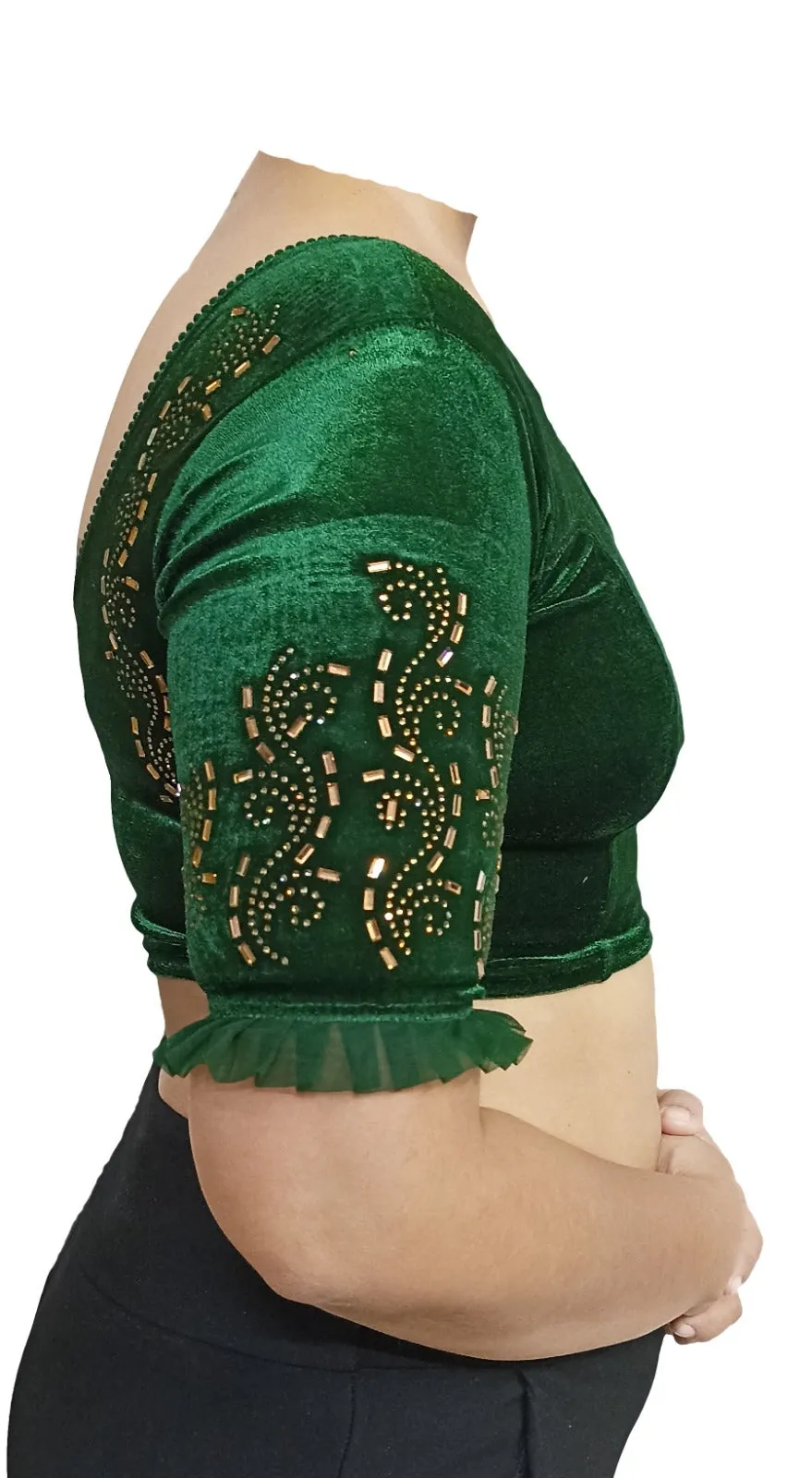 StylesIndia Women's Velvet Designer Blouse with Golden Stone Work | Deep U-Back Party Wear Blouse | Festive & Bridal Saree Blouse DNO:551