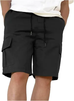 Summer Shorts with Multi Pocket Tie Elastic Waist Solid Color Cargo Shorts for Men Basic Casual Loose Fit