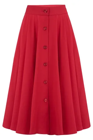 The "Beverly" Button Front Full Circle Skirt with Pockets in Solid Red, True & Authentic 1950s Vintage Style