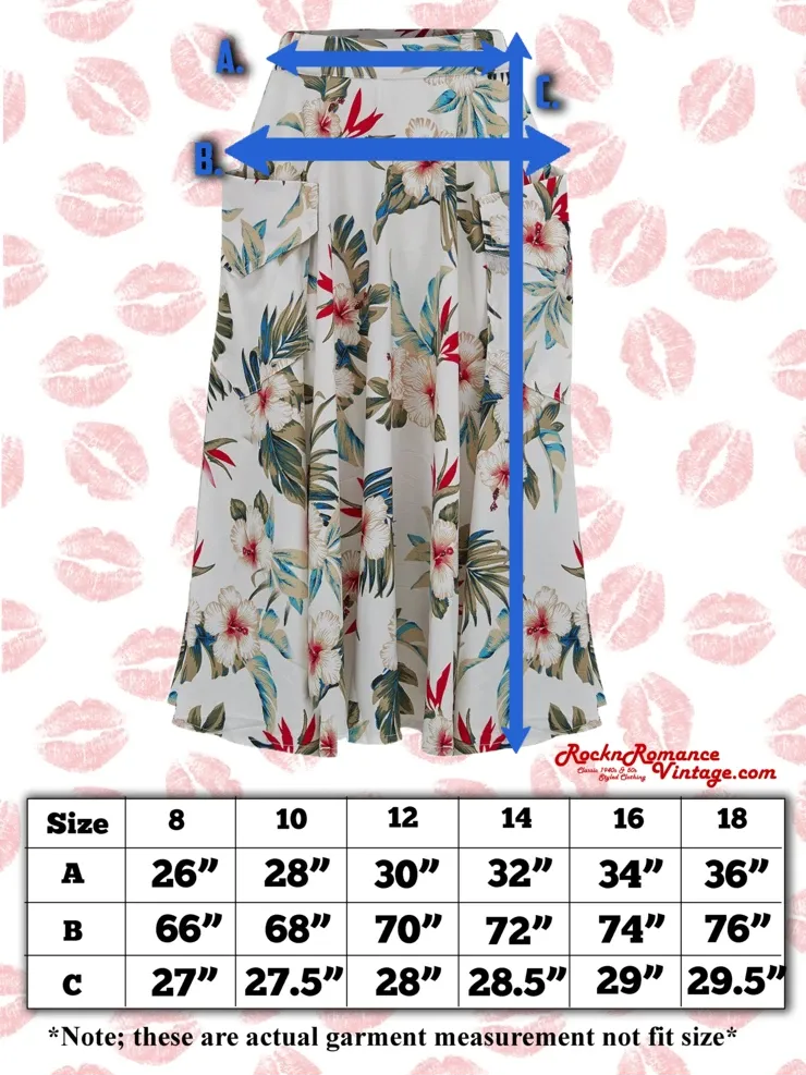The "Beverly" Button Front Full Circle Skirt with Pockets in Tahiti Print, True 1950s Vintage Style