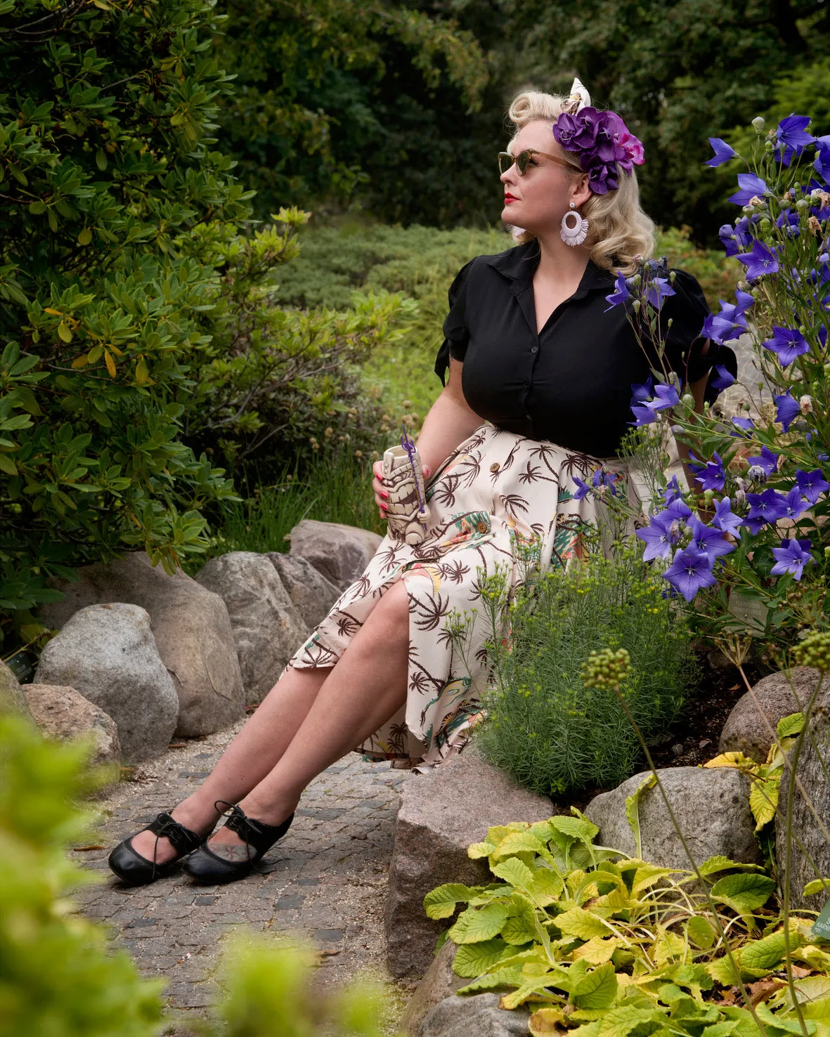 The "Beverly" Button Front Full Circle Skirt with Pockets in Tahiti Print, True 1950s Vintage Style