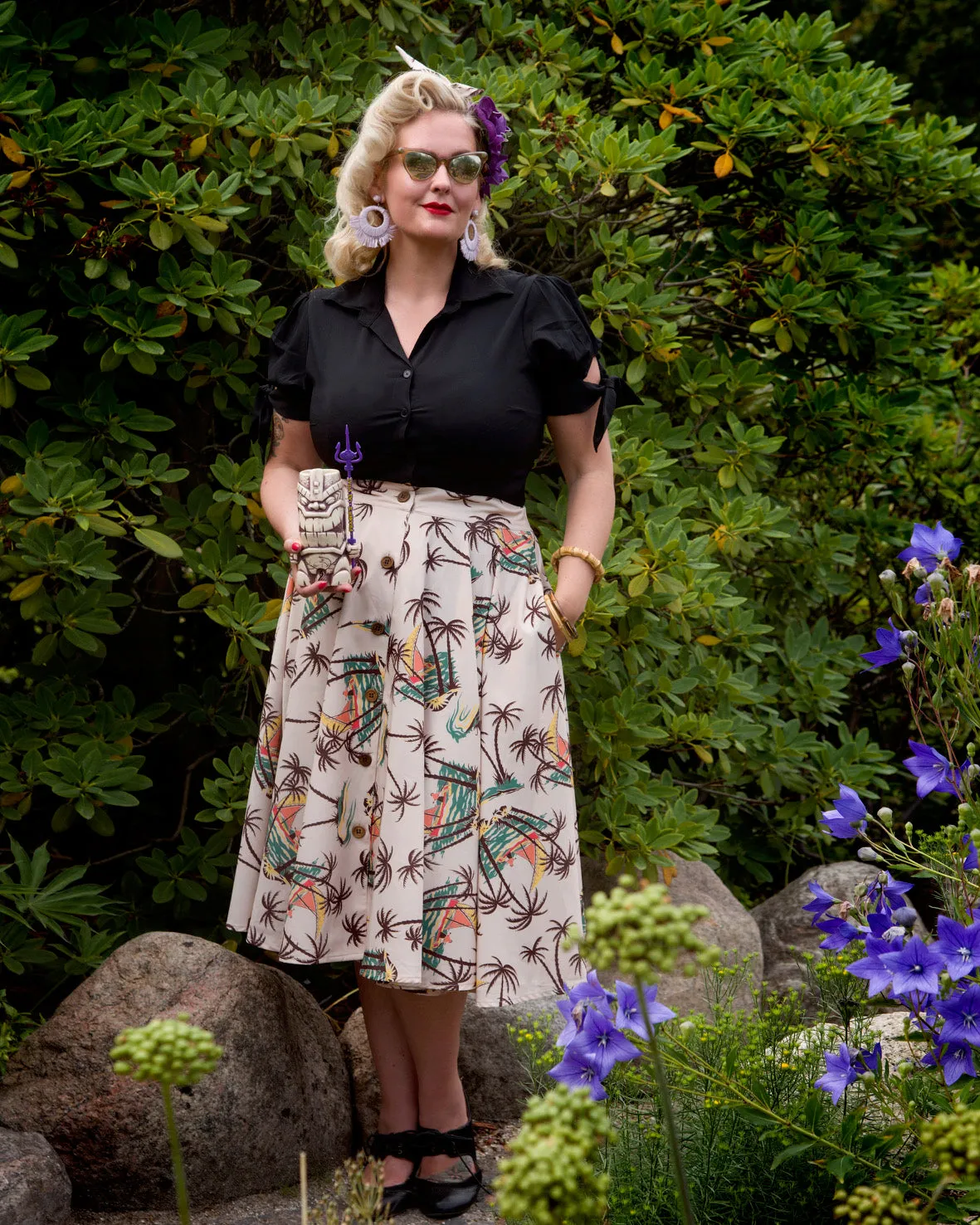 The "Beverly" Button Front Full Circle Skirt with Pockets in Tahiti Print, True 1950s Vintage Style