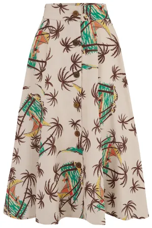 The "Beverly" Button Front Full Circle Skirt with Pockets in Tahiti Print, True 1950s Vintage Style
