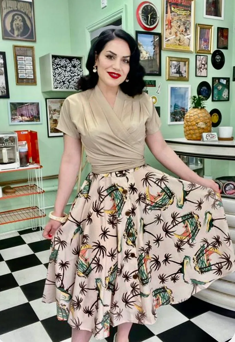 The "Beverly" Button Front Full Circle Skirt with Pockets in Tahiti Print, True 1950s Vintage Style