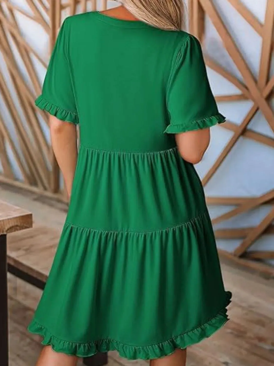 Tiered Notched Short Sleeve Mini Dress