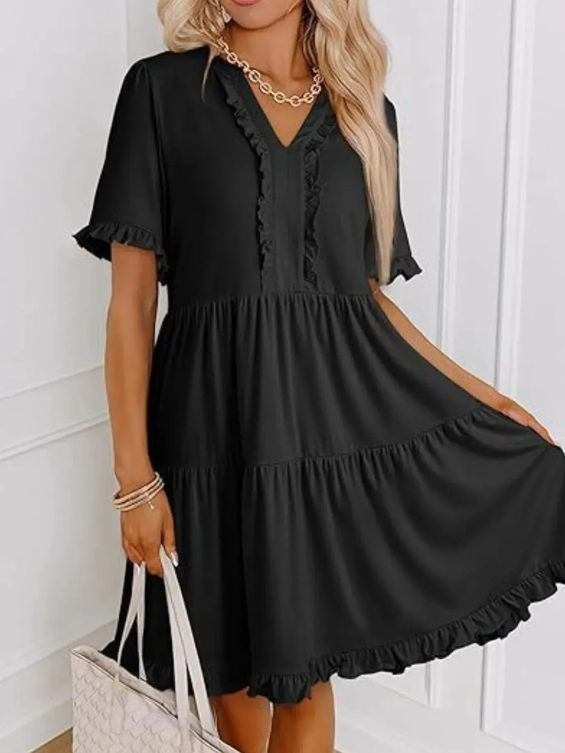 Tiered Notched Short Sleeve Mini Dress