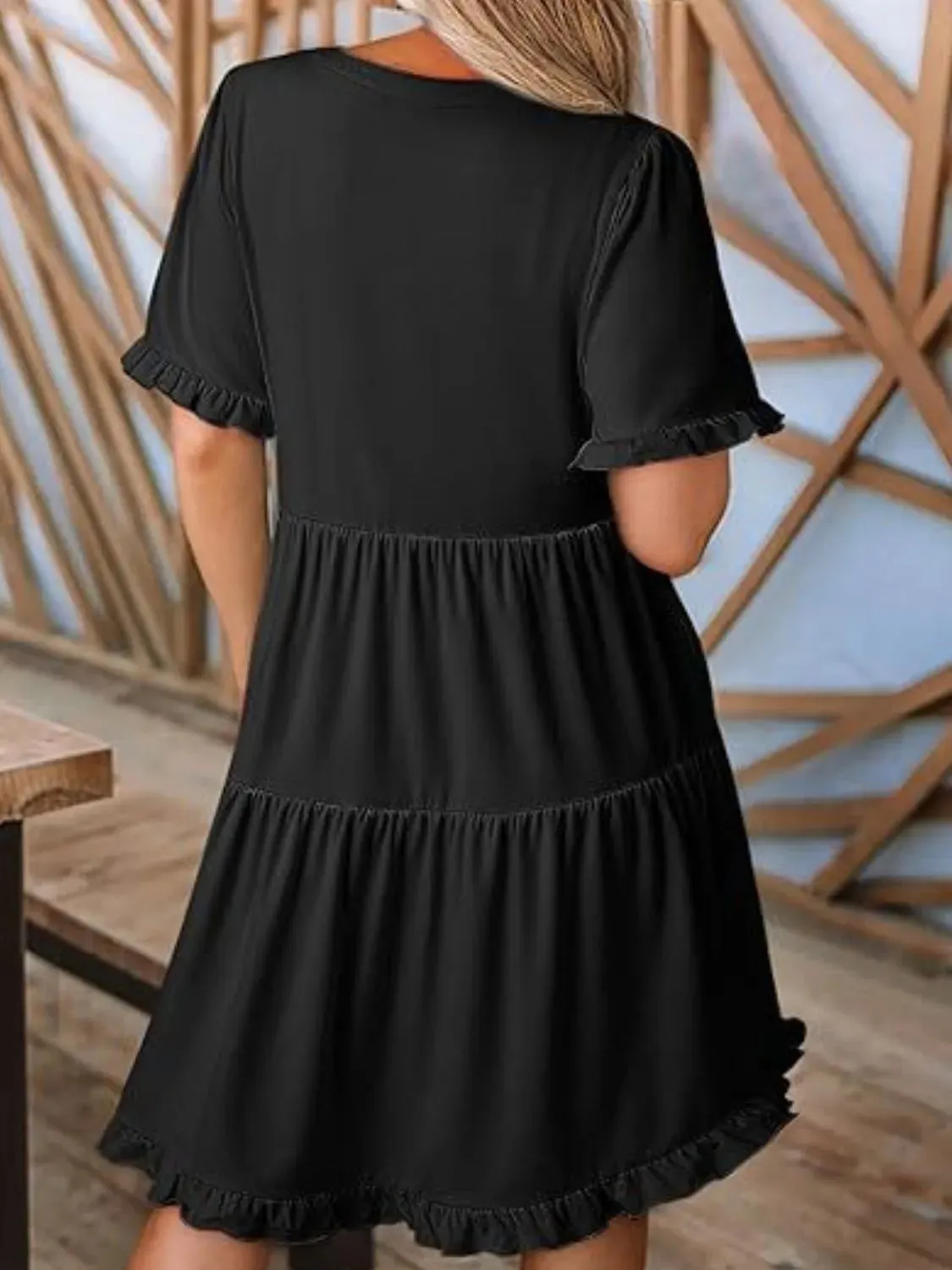 Tiered Notched Short Sleeve Mini Dress