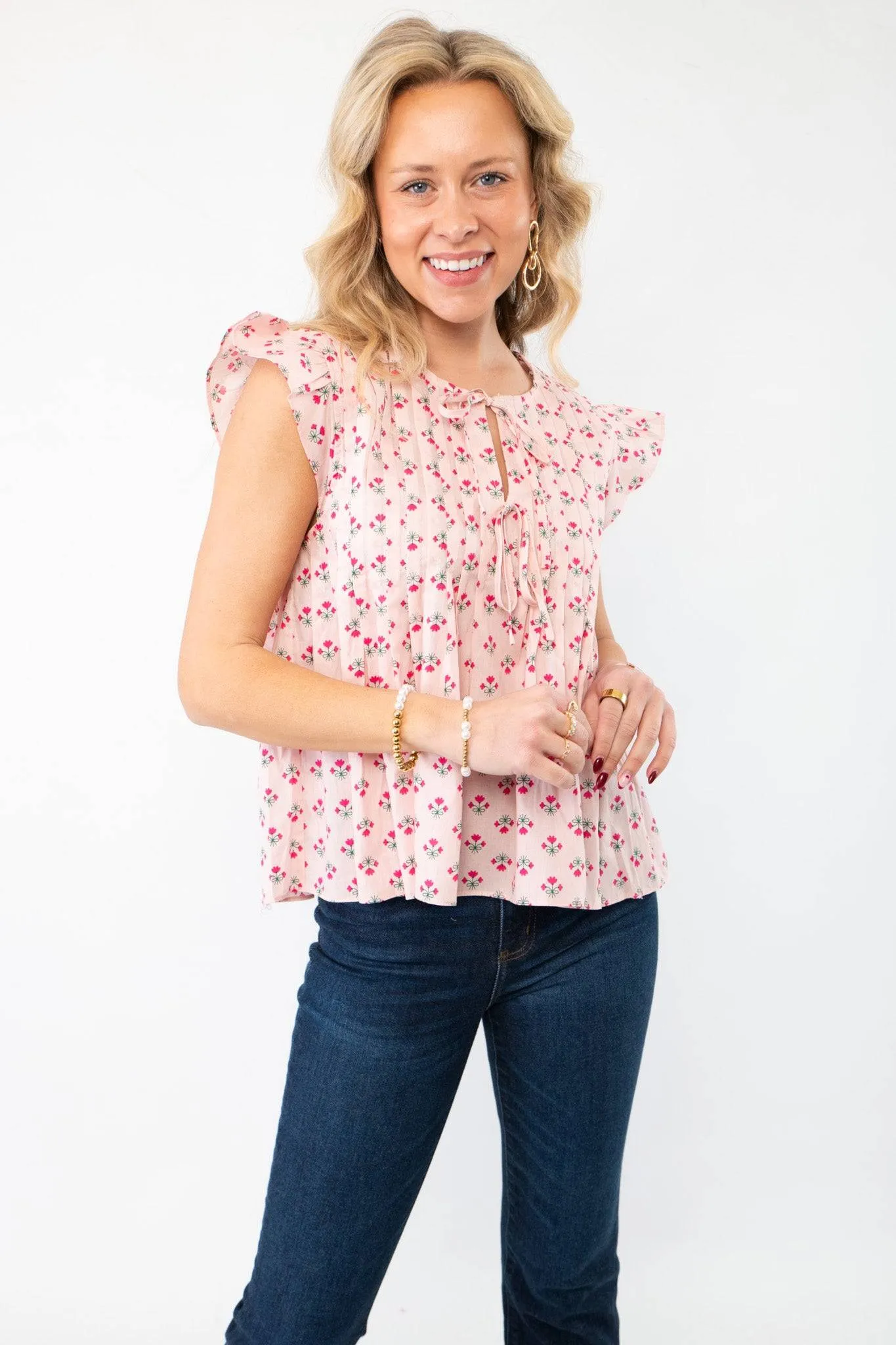Tomorrow Pink Floral Pleated Blouse