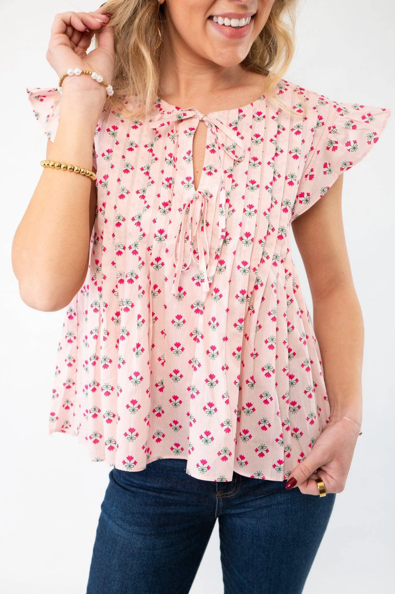 Tomorrow Pink Floral Pleated Blouse