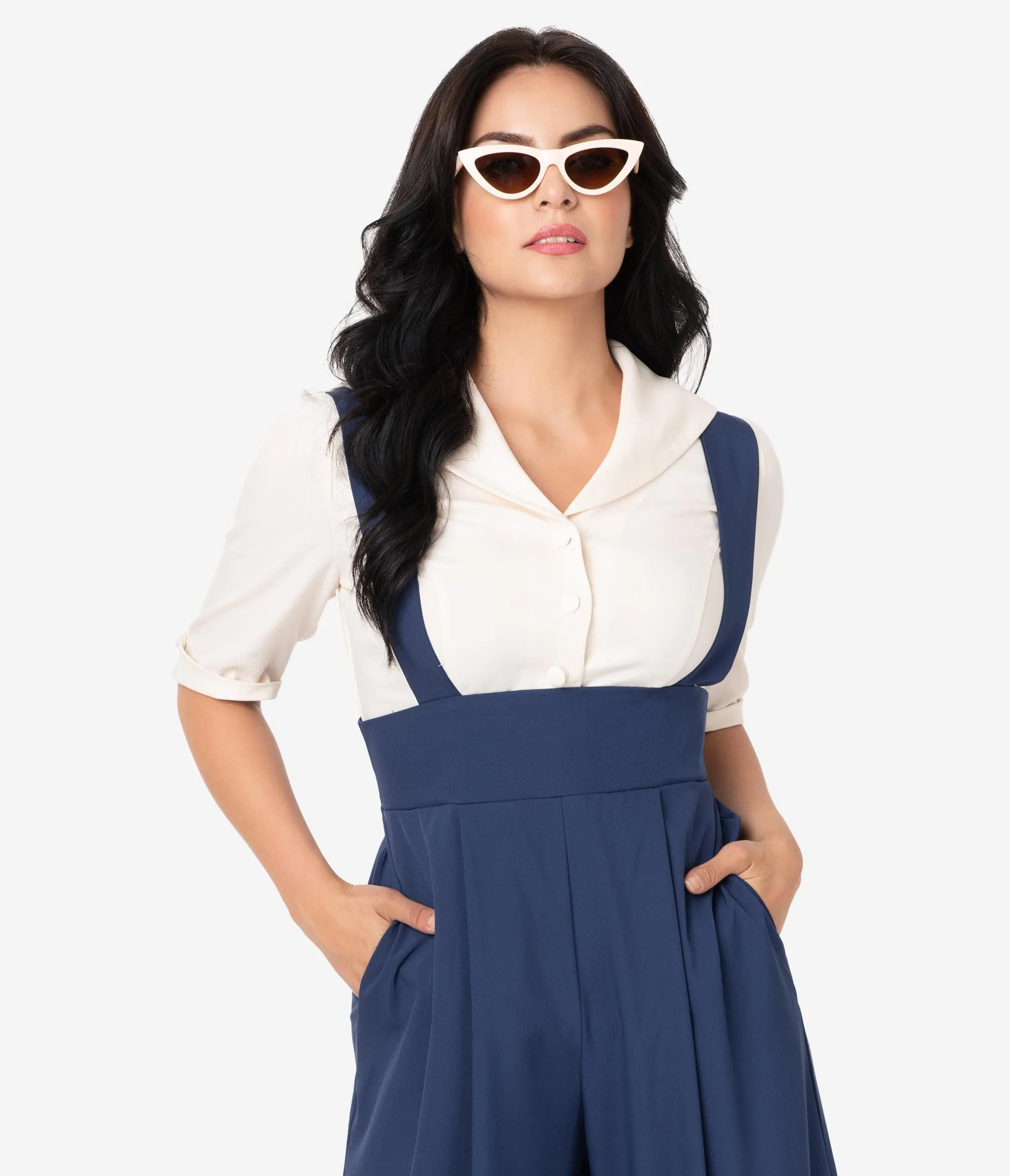Unique Vintage 1940s Style Cream Button Up Short Sleeve Coco Top